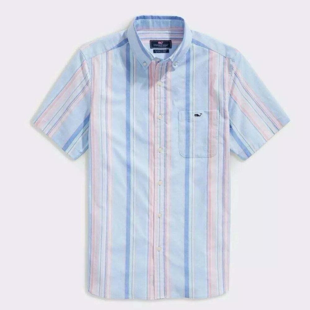 NWOT Mens Vineyard Vines Blue Striped Pastel Collard Shirt sz L